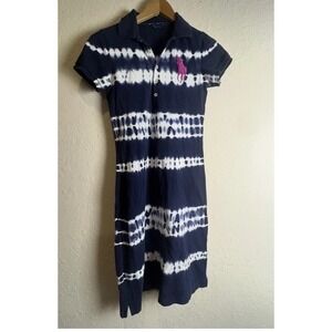 Vintage 90s Ralph Lauren Sport Dress Navy‎ Blue Tie Dye Pink Big Pony XS Y2K